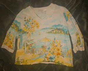 Alfred Dunner Damen XL 3/4 Arm Spitzenbesatz Segelboote auf Wasser Blumenmuster - Bild 1 von 3