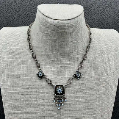 Monet Necklace Blue Rhinestone Flower Bib Pendant Silver Tone Adjustable Chain - Image 1 of 4