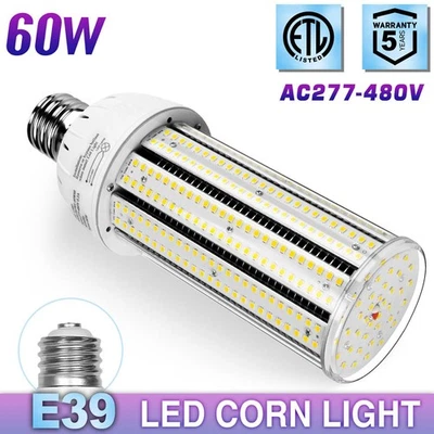 E39 60W LED Corn Light Warehouse Workshop High Bay Lighting Bulb 6000K 277-480V - Image 1 of 4
