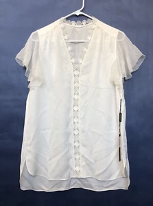 elie tahari Woman 100% Silk Blouse M Fresh Pearl Laced Short Sleeve $278 - Picture 1 of 6