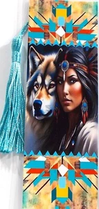 NATIVE AMERICAN PRINCESE AND WOLF, DOG,GIRL-UNIQUE EXQUISITE LAMINATED BOOKMARK - Picture 1 of 1