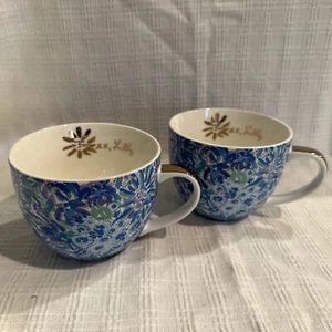 Palm Beach Lilly Pulitzer Mugs 12 Oz Ceramic Blue Floral Coffee Set Of Two - Picture 1 of 7