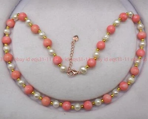 Natural 8mm Peach Pink White Chalcedony & 7-8mm White Pearl Round Gems Necklace - Picture 1 of 12