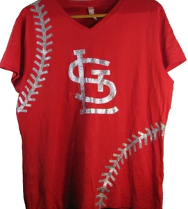 Womens red stl cardinals t-shirt with silver baseball stich and stl logo sz XL - Picture 1 of 6