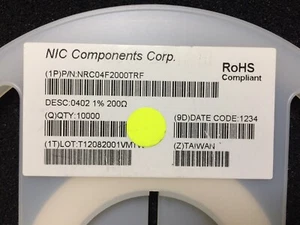 NRC04F2000TRF NIC RES Thick Film 0402 200 Ohm SMD T&R ROHS 2950 PIECES - Picture 1 of 1