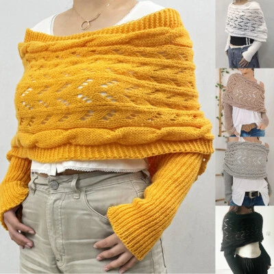 Autumn Winter Women's Knitted Shawl Scarf With Long Sleeve Crop Top Shrugs Shawl - Image 1 of 4