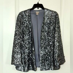 Chico’s Traveler Sequin Jacket Gray Silver Open Front Lined Sparkle Blazer 12/14 - Picture 1 of 5