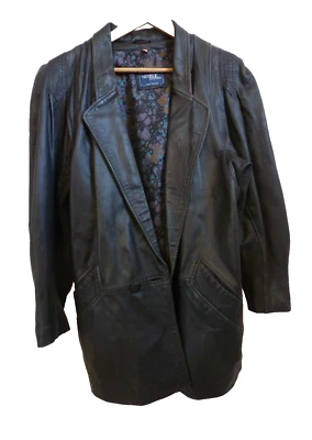 Chaqueta de cuero negra vintage talla mediana estilo blazer con forro de cachemira - Hecha en el Reino Unido Foto 1 de 4