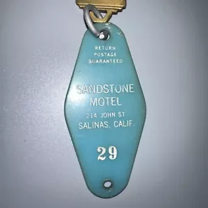Vtg Sandstone Motel Salinas California Keychain #29 With Key Aqua Blue Turquoise - Picture 1 of 7
