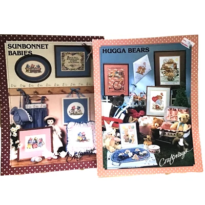 Vintage Cross Stitch Pattern Book Lot Hugga Bears & Sunbonnet Babies Craftways - Image 1 of 4