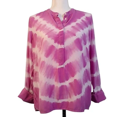 J. Blusa CREW M Rosa Blanca Tie Dye Popover 100% Seda Manga Larga Cuello Boho Foto 1 de 4
