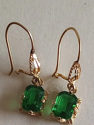ESTATE 14K GF  FILIGREE GREEN FACETED LAB CREATED EMERALD EARRINGS DANGLE - Image 1 of 4