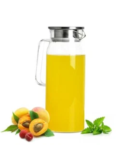 Glaskaraffe 1,5L mit Edelstahl Filter Wasserkrug Glaskrug Saftkaraffe mit Henkel - Picture 1 of 5