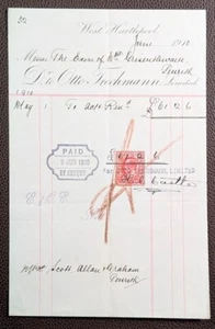 1910 Otto Trechmann Limited West Hartlepool Receipt - Picture 1 of 1