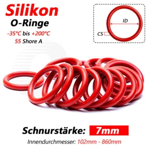 Schnurstärke 7mm O-Ringe Silikon Dichtring VMQ Dichtungsringe 102mm-860mm ID Rot - Picture 1 of 157