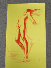 erotisches Bild, Frau stehend, Akt, 30 x 50 cm, Zeichnung gelb-rot, Hochformat