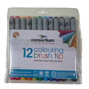 Pack of 12 Consortium Quality Brush Fibre Tip Colouring Pens Multi-coloured - Picture 1 of 3