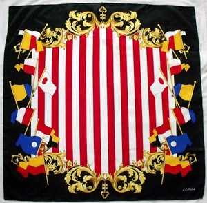 🚩CORUM Silk Scarf - 33" NAUTICAL Flags Red Stripes Gold Scrolls Italy Vintage - Picture 1 of 7