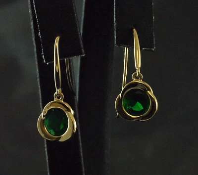 585 Gold Ohrringe 1 Paar Gelbgold Ohrhaenger Haken Zirkonia smaragd - Bild 1 von 2