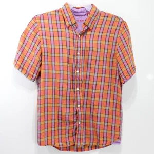 Report Collection Mens Short Sleeve Button Down Shirt Linen Size Medium Plaid - Picture 1 of 4