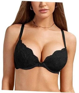 Women's Push Up Lace Bra Underwire Plunge Full Coverage Bras Sexy 36B Black - Picture 1 of 8
