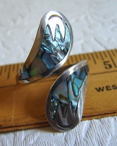 Vintage 70er Abalone Inlay Silber Wickelring, Größe 8, Taxco Mexico, Flügel D80 - Bild 1 von 18