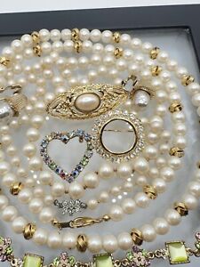 Vintage Lot Pearl Rhinestone Jewelry Sarah Cov Earrings Brooches Necklaces