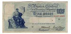 ARGENTINIEN SCHEIN 1946 10 PESOS L. 12155 Serie D - P#253 - B#1887 - ss+ - Bild 1 von 2