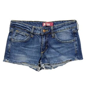 H&M Fit Shorts 27 SQIN Denim Jeans Medium Wash Cutoff Cotton Fringe Low Rise - Picture 1 of 22