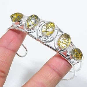 Rutilated Quartz Gemstone 925 Sterling Silver Jewelry Cuff Bracelet Adjustable - Picture 1 of 1