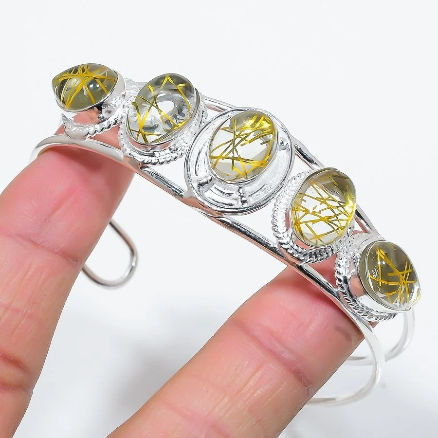 Rutilated Quartz Gemstone 925 Sterling Silver Jewelry Cuff Bracelet Adjustable - Image 1 of 1