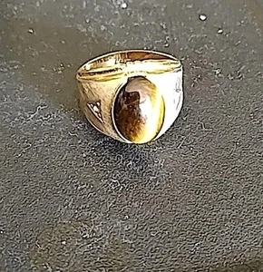 Vintage Mens Tiger Eye Gold Ring Tigers Eye Gemstone CZs ? Unknown Makers Mark - Picture 1 of 9
