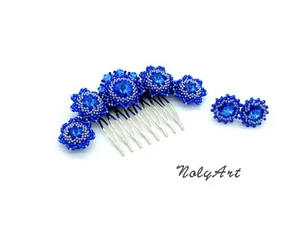 Handgefertigter funkelnder blauer Haarkamm aus Swarovski, silberne Ohrringe - Bild 1 von 5