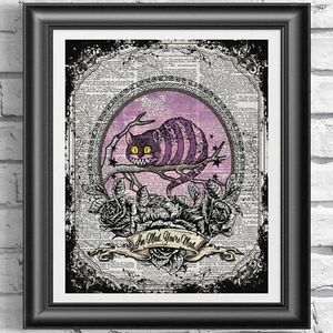 ART PRINT ON ANTIQUE BOOK PAGE Cheshire Cat Alice in Wonderland Dictionary - Picture 1 of 2