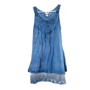 Vintage Shana K Gauzy Blue Tunic Top Large 100% Cotton Lace Trim at Hem & Beads - Picture 1 of 13