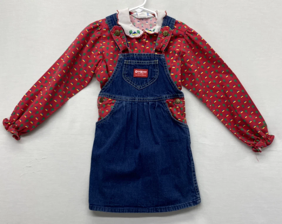 VTG OSHKOSH B'GOSH DENIM OVERALL DRESS HOUSE TREE Jumper /shirt Girls SZ 6X - Image 1 of 4