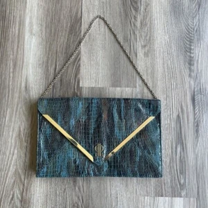 Y2K JLo Handbag Shoulder Clutch Rochelle Green Faux Snakeskin Purse Gold Metal - Picture 1 of 9