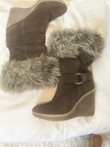 Mark Fisher brown suede wedge heel faux fur trim boots size 8