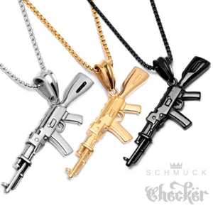 Kalaschnikow AK-47 Sturmgewehr Edelstahl Anhänger 60cm Kette silber gold schwarz - Bild 1 von 10