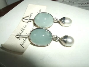 ORECCHINI EARRINGS CABOCHON ACQUAMARINA PERLA ARGENTO 925 STERLING MONACHELLA - Foto 1 di 5