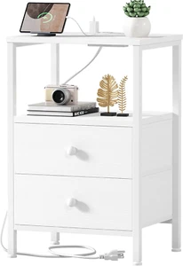 White Night Stand with Charging Station and USB Ports, Small Nightstand with Dra - Picture 1 of 7