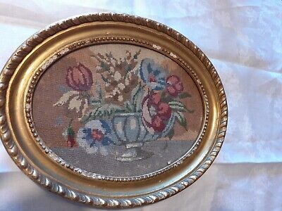 Antique Tapestry Picture Silk Work Petit Point Urn With Flowers  • 18£