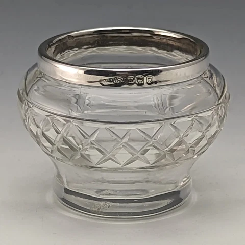 Antique English Sterling Silver & Cut Glass Salt Cellar London Hallmarked 1920s Cover