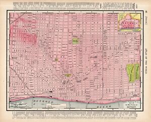 1895 Antique DETROIT Michigan Street Map City Map of Detroit Atlas Map 1292