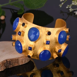 18k Gold Plated Chalcedony and Lapis Cuff Bangles Multi Stone Openable Bracelet - Picture 1 of 8