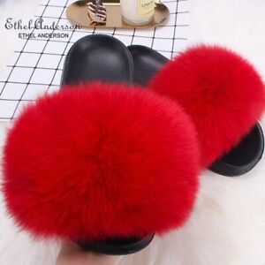 Women's Real Fox Fur Fuzzy Slippers Casual Flip Flop Sandals Furry Slides Fluffy