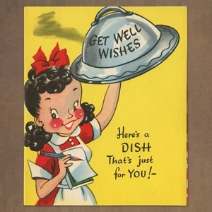 Unbenutzte Vintage 1940er Art Guild of Williamsburg GET WELL Karte, Diner Kellnerin USA - Bild 1 von 6