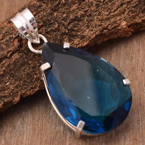 Fabulous Blue Tourmaline Gemstone 925 Sterling Silver Handmade Pendant 1.6" - Picture 1 of 3