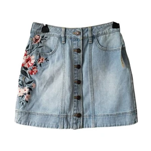 NEW Pacsun Floral Embroidered Blue Denim Skirt Miranda Coastal Cowgirl Girly - Picture 1 of 9
