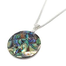 Rainbow Paua Shell Necklace Round Abalone Coin Pendant Boho Silver Plated Chain